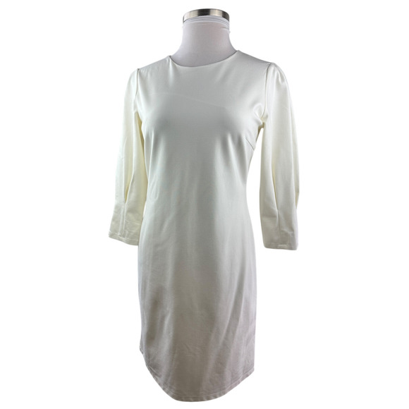 NWT J McLaughlin Sheath Dress Pleated Ponte 3/4 Sleeve Ivory Large Modest Mature - Picture 3 of 12
